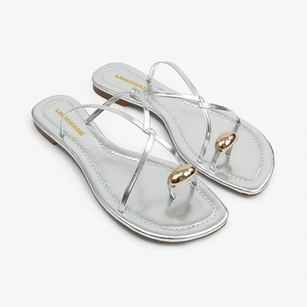 NEW Lemonade Silver Metallic Strappy Sandals Flip Flops Minimalist Gold Toe Ring
